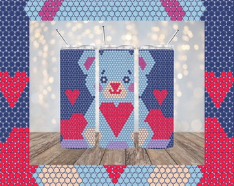 May include: Three blue and red patterned stainless steel tumblers with a pixelated bear design. The bear is holding a red heart.