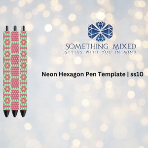 May include: Three black pens with a pink and green hexagon pattern. The pattern features small flowers. The pens are labeled "Something Mixed Styles With You In Mind" and "Neon Hexagon Pen Template | ss10".