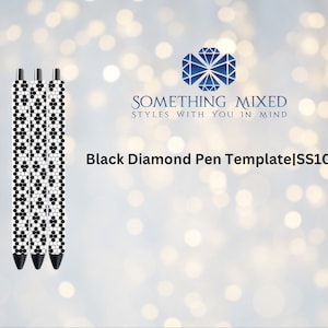 May include: Three black and white diamond patterned pens with black caps. The pens are arranged vertically and are against a blurred background of white and blue lights. The text "SOMETHING MIXED STYLES WITH YOU IN MIND" and "Black Diamond Pen Template|SS10" are visible in the image.