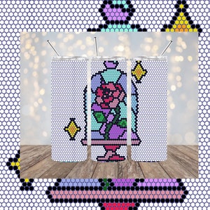 Może przedstawiać: Trzy kubki ze stali nierdzewnej z białym tłem i kolorowym pikselowym wzorem róży w szklanej kopule. Wzór jest inspirowany filmem Disneya Piękna i Bestia.