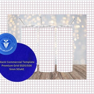 May include: Three white, cylindrical tumblers with silver straws, arranged on a wooden surface. Each tumbler features a grid pattern. A blue circle with text that reads "Blank Commercial Template Premium Grid SS20/SS6 5mm 50x42" is in the foreground.