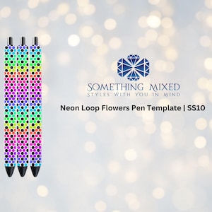May include: Three black pens with neon rainbow polka dot designs. The pens are labeled "Neon Loop Flowers Pen Template | SS10" and "Something Mixed Styles With You In Mind".
