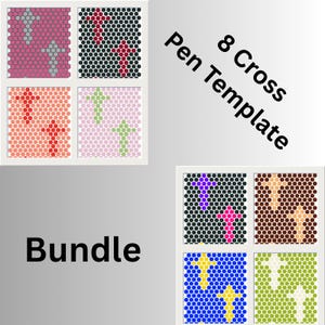 Könnte beinhalten: Ein Bundle von acht Kreuz-Stiftvorlagen. Jede Vorlage zeigt ein Kreuzdesign aus kleinen Kreisen. Die Kreuze sind in verschiedenen Farben, darunter Rot, Rosa, Grün und Gelb, auf einem schwarzen oder weißen Hintergrund. Der Text "8 Cross Pen Template" ist sichtbar.