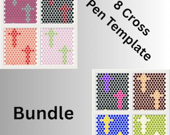 May include: A bundle of eight cross pen templates. Each template features a cross design made of small circles. The crosses are in various colors, including red, pink, green, and yellow, set against a black or white background. The text "8 Cross Pen Template" is visible.