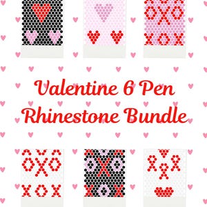 May include: A Valentine's Day-themed bundle of six rhinestone pens. Each pen design features a pattern of hearts or XOXO, in red, pink, and black, on a white background. The text "Valentine 6 Pen Rhinestone Bundle" is displayed in red.