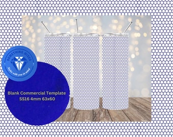 Pode incluir: Três copos de aço inoxidável com fundo branco e um padrão de favo de mel azul. Os copos têm uma capacidade de 16 onças e uma altura de 63 mm. O texto "Blank Commercial Template SS16 4mm 63x60" está impresso na imagem.