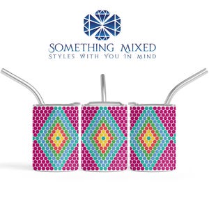 May include: Three stainless steel tumblers with a colorful geometric pattern of pink, blue, yellow, and green dots. Each tumbler has a silver straw. The logo at the top says "SOMETHING MIXED STYLES WITH YOU IN MIND."