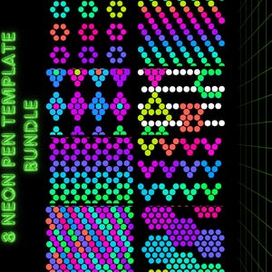 May include: A set of 8 neon pen templates featuring various geometric patterns in bright colors like pink, green, blue, and yellow. The patterns are made up of small circles arranged in different configurations.