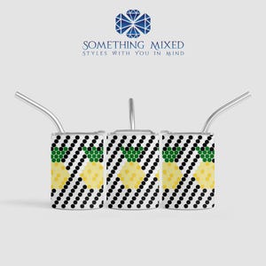 May include: Three white metal tumblers with a pineapple design. Each tumbler features a yellow pineapple with green leaves, black polka dots, and a silver straw. The text "SOMETHING MIXED STYLES WITH YOU IN MIND" is at the top.
