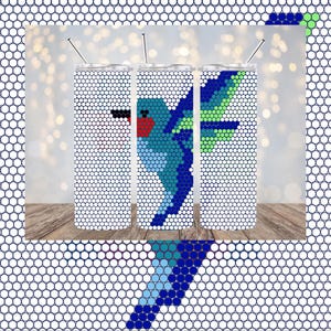 May include: Three stainless steel tumblers with a hummingbird design. The hummingbird is rendered in a pixelated style, featuring shades of blue, green, and red. Each tumbler has a silver straw and a white background.