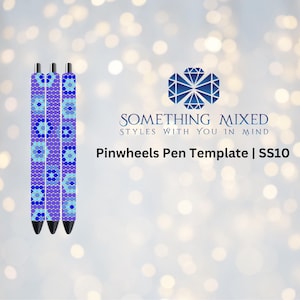 Puede incluir: Tres bolígrafos de cuentas morados y azules con un patrón geométrico. Los bolígrafos están etiquetados como "Pinwheels Pen Template | SS10" y "SOMETHING MIXED STYLES WITH YOU IN MIND".