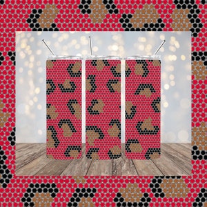 May include: Three stainless steel tumblers with a red and black leopard print design.