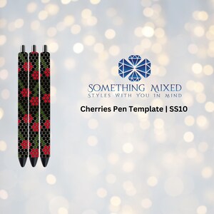 Puede incluir: Tres bolígrafos negros con diseños de cerezas rojas y verdes. Los bolígrafos están sobre un fondo blanco con un efecto de desenfoque bokeh. También se puede ver el texto "Something Mixed Styles With You In Mind" y "Cherries Pen Template | SS10".