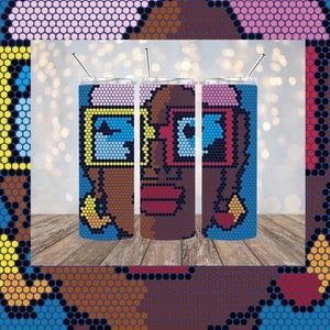 May include: Three stainless steel tumblers featuring a colourful pixelated design of a person wearing glasses. The design incorporates shades of blue, pink, yellow, red, brown, and black.