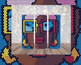 May include: Three stainless steel tumblers with a colorful pixelated design of a person wearing glasses. The design features shades of blue, pink, yellow, red, brown, and black.