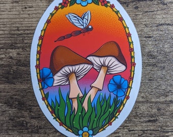 Dragonfly mushroom sticker | cottage-core | fairy-core | cute sticker | bright colors