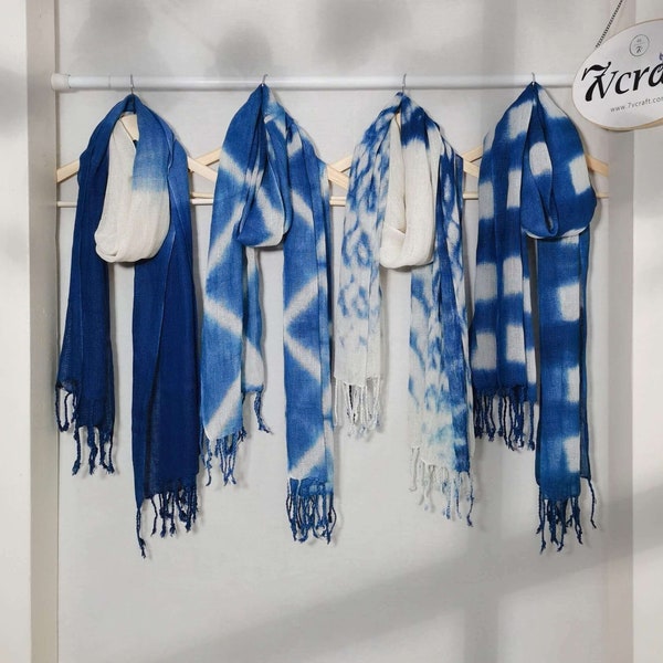 Natural Plant Dyed Linen Scarf, Shibori Indigo Scarf, Handmade Tie Dye, Boho Headscarf with Tassels, 21''x78''