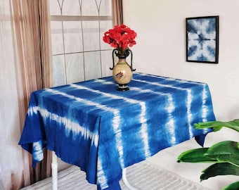 Shibori Plant Dyed Cotton Tablecloth, Indigo Tie Dye Square Table Cover 44'', Blue White Table Decor, Natural Eco-friendly - Ripple Whispers