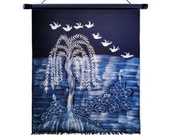 Batik Rod Pocket Door Curtain with Tassels, Handmade Batik Cotton Fabric Indigo Tapestry - Theme: Willow tree, Lotus Pond in Summer