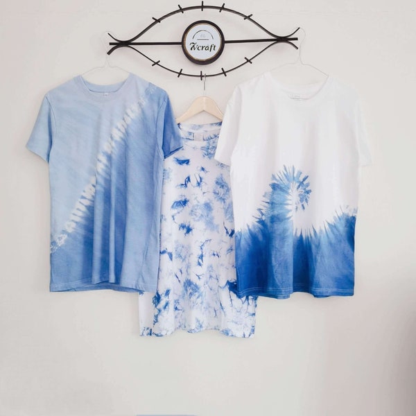 Indigo Tie Dye T-Shirt Handgefertigt, Japanisches Shibori Handgefärbtes Tshirt, 100% Blauer Baumwollstoff, natürlich pflanzengefärbt, Wellen- und Wolkenmuster