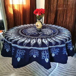 Shibori Round Cotton Tablecloth, Indigo Tie Dye Table Cover, Natural Hand Dyed, Embroidered, Lucky Fish Totem, Ups Wealth and Prosperity
