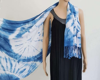 Large Shibori Indigo Scarf 35''x73'', Natural Plant Hand Dyed Shawl,  Boho Beach Wrap Women, Cotton Summer Headscarf, Spring Scarves
