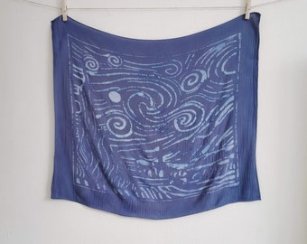 Bandana nuit étoilée Van Gogh, petite écharpe carrée en coton, foulard batik indigo, foulard pour cheveux, bandana shibori doux