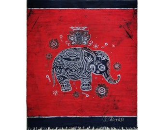 Batik Rod Pocket Doorway Curtain with Tassels, Batik Wall Hanging, Cotton Fabric Tapestry, Handmade Home Wall Decor - Theme: Lucky Elephant