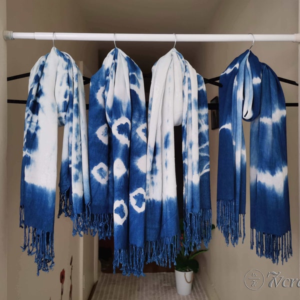 Indigo Tie Dye Scarf Handmade, Boho Shawl Wrap with Fringe, Shibori Blue Spring Scarf, Summer Scarves Women, Soft Cotton 37''x78''