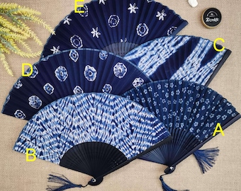 Shibori Folding Fan, Indigo Women Hand Fan, Tie Dye Cotton Fabric, Bamboo Fan, Wedding Fan, Summer Tassel Fan, Natural Plant Dyed