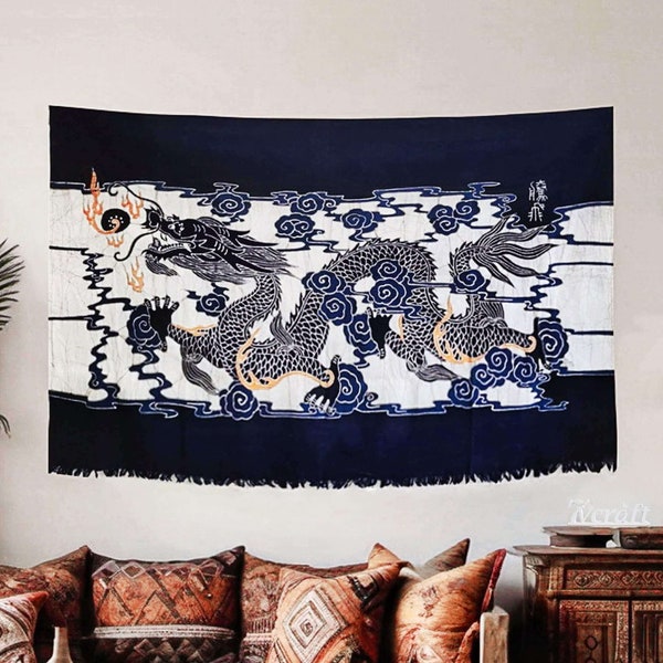 Natural Plant Hand Dyed Dragon Tapestry with Rod Pocket, Tassels, Batik Fabric Wall Hanging, 37''x57'', Feng Shui, Exorcism, Power, Success