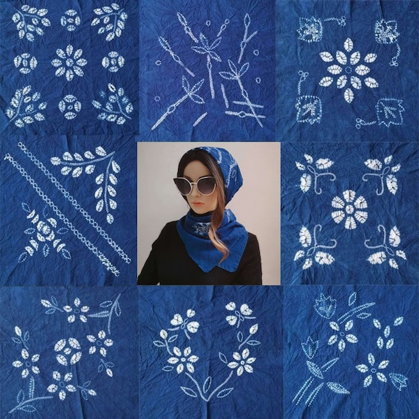 Bandana indigo tie-dye, foulard shibori 23 pouces ou foulard, utilisé également comme napperon de serviette ou comme tapisserie, motifs de fleurs végétales teints à la main