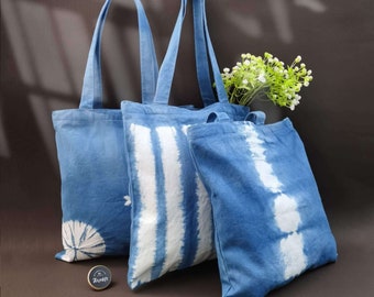 Hand Dyed Canvas Tote Bag, Shibori Heavy Cotton Shoulder Bag, Natural Plant Tie Dye, Indigo Shopping Bag, Student Bag With Zipper and Pocket