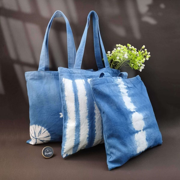 Hand Dyed Canvas Tote Bag, Shibori Heavy Cotton Shoulder Bag, Natural Plant Tie Dye, Indigo Shopping Bag, Student Bag With Zipper and Pocket