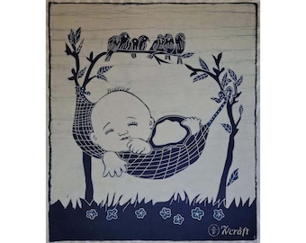 Batik Tapestry Wall Hanging, Batik Hand Dyed Cotton Fabric, Rustic Door Curtain, Fabric Wall Decor - Theme: Smile Baby in a Hammock