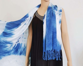 Shibori Cotton Large Scarf 37''x78'', Tie Dye Scarf, Handmade Indigo Wrap Shawl, Boho Headscarf with Tassels, Soft, Unisex, For All seasons