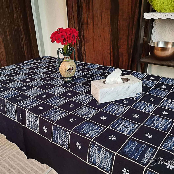 Tie Dyed Indigo Cotton Table Cloth, Shibori Door Curtain, Tapestry Wall Hanging, Hand Dyed Hand Embroidered Bed Runner Bedsheet, Sofa Cover