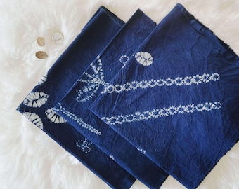 Shibori Indigo Cotton Bandana 23'', Tie Dye Head Scarf, Neck Sacrf, Used also as Tapestry, Placemat Napkins, Hand Dyed Plant Flower Patterns