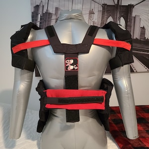 May include: Black and red padded shoulder and waist support with adjustable straps. The support has a black patch with a red logo on the back.