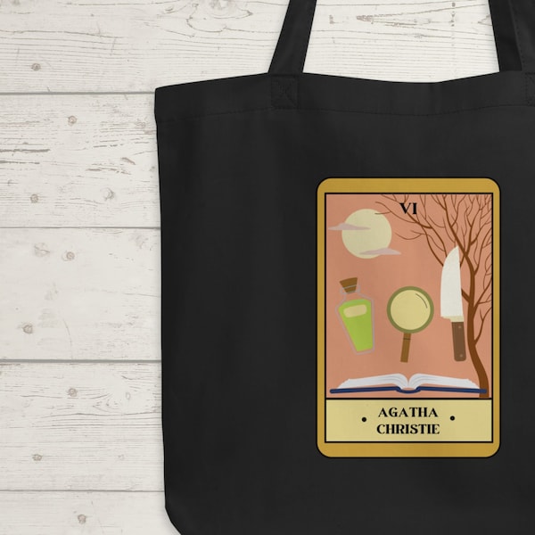 Agatha Christie tote tas, bibliothecaris tarotkaart boekentas, vintage grafische herbruikbare boodschappentas. Geweldig cadeau voor boekenliefhebbers.