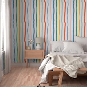 Modern hand drawn stripe wallpaper, rainbow stripe wallpaper, colorful kids wallpaper, Large vertical stripe wallpaper, Removable wallpaper