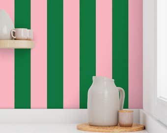 Preppy pink green stripe wallpaper, Cabana stripe accent wall, colorful home | removable peel and stick or pre pasted