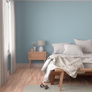 May include: A white bed with a white blanket and pillows in a bedroom with light blue walls and a wooden nightstand with a lamp and a clock. The floor is light wood.