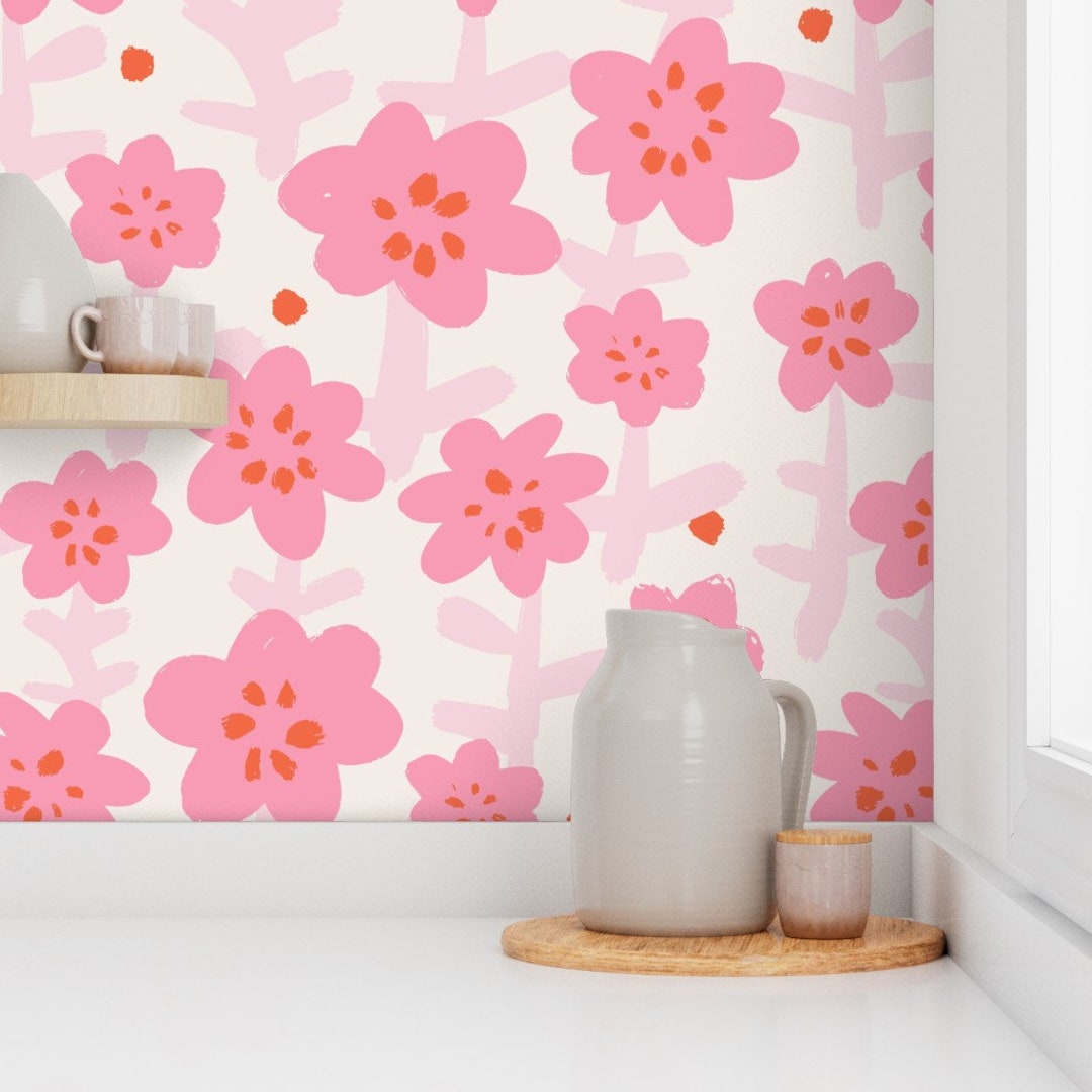 Pink Floral Wallpaper: Hand Drawn Cherry Blossom, Removable Nursery ...