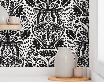 Black and White Floral Frog Vase Removable Wallpaper