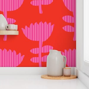 Dopamine wallpaper, hot pink wallpaper, bold wallpaper, red wallpaper, floral wallpaper, removable kids wallpaper, temporary wallpaper
