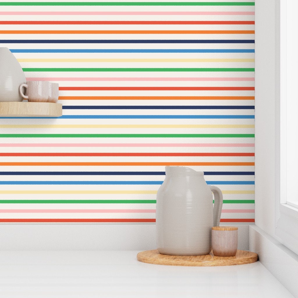 Modern rainbow stripe wallpaper, Colorful kids wallpaper, Horizontal stripe wallpaper, Removable peel and stick | pre pasted RENTER FRIENDLY