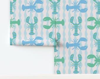 Lobster Wallpaper, Beach House Decor, Blue Removable Wallpaper