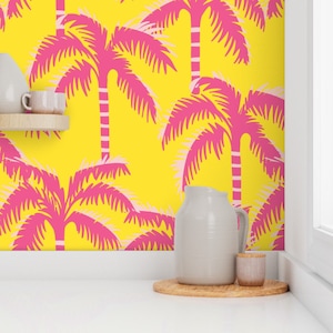 Funky wallpaper, coastal wallpaper, wallpaper tropical, pink wallpaper, beach house decor, palm tree wallpaper, accent wallpaper