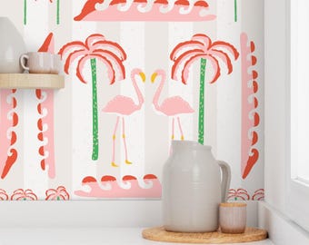 Preppy Flamingo Wallpaper: Pink Palm Trees, Removable Peel and Stick